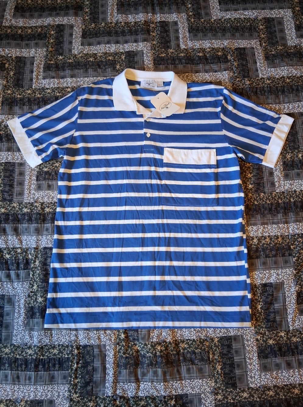 VTG 1980s Mon Tricot Striped Blue & White Short Sleeve Polo Shirt Adult XLT NWT